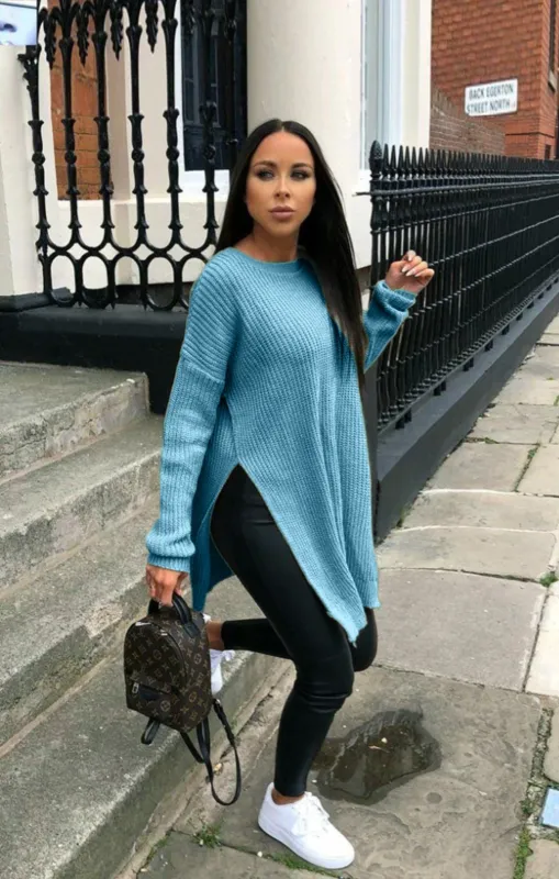 Blue Oversized Split Side Knitted Jumper - Lore sold by Femme Luxe