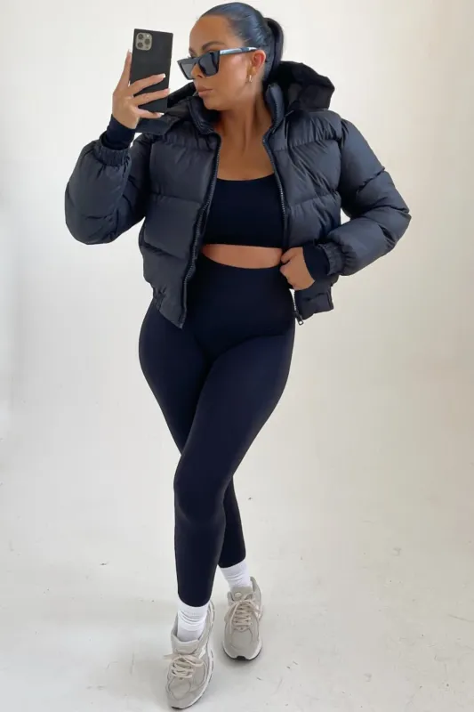 Black Padded Zip Up Hooded Puffer Coat - Flo sold by Femme Luxe