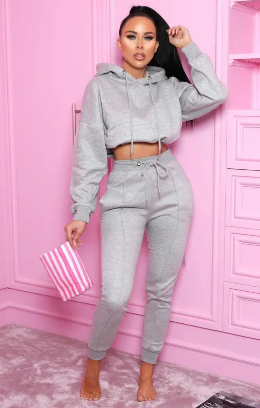 Grey Boxy Cropped Hoodie Cuffed Joggers Loungewear Set - Cailleigh sold by Femme Luxe