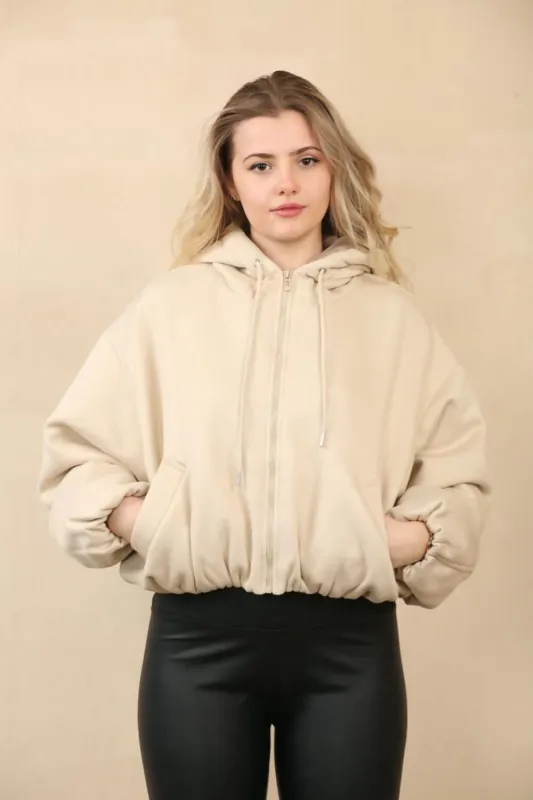 Beige Bubble Hem Zip Up Fleece Jacket - Janet sold by Femme Luxe