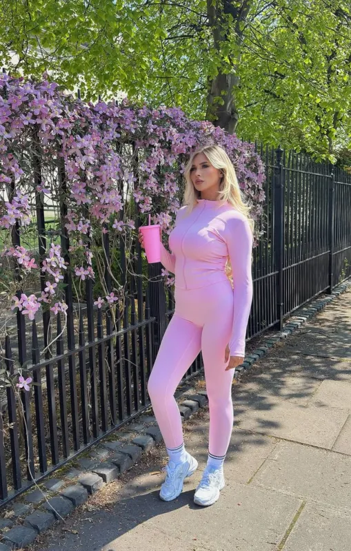 Pink Zip Up Long Sleeve Top with Leggings Activewear Set - Livia sold by Femme Luxe