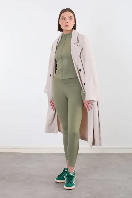 Khaki Zip Up Long Sleeve Top with Leggings Activewear Set - Livia sold by Femme Luxe
