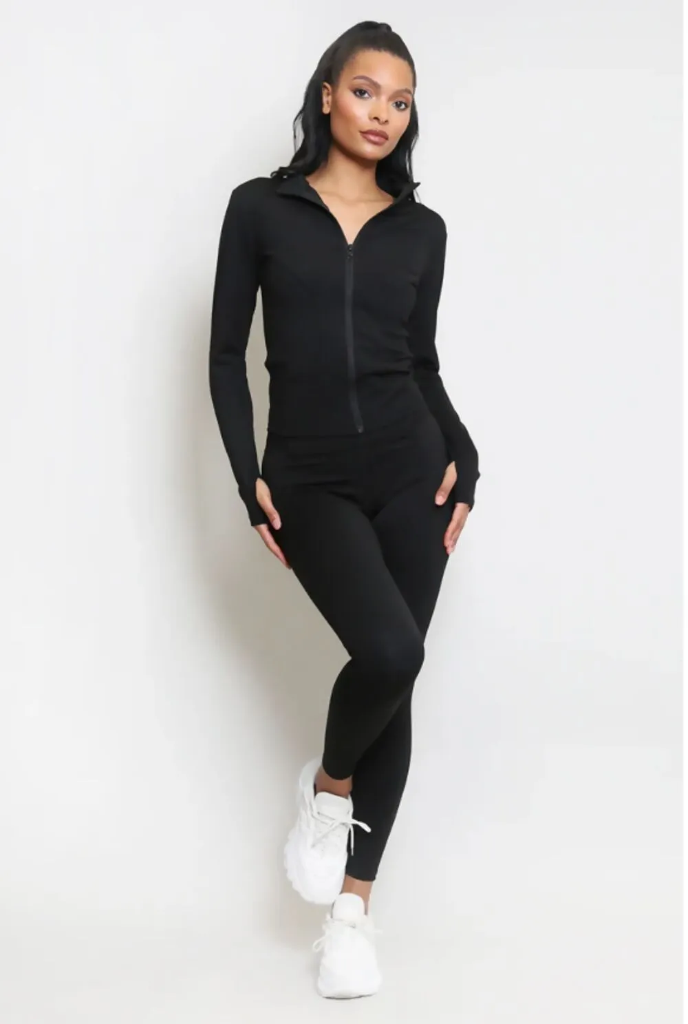 Black Zip Up Long Sleeve Top with Leggings Activewear Set - Livia sold by Femme Luxe
