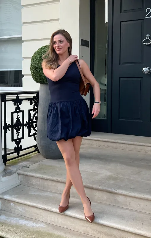 Navy Scoop Neck Sleeveless Puffball Skirt Mini Dress - Sonia sold by Femme Luxe