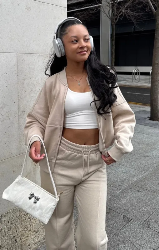 Oatmeal Bomber Sweatshirt With Straight Leg Jogger-Diana sold by Femme Luxe