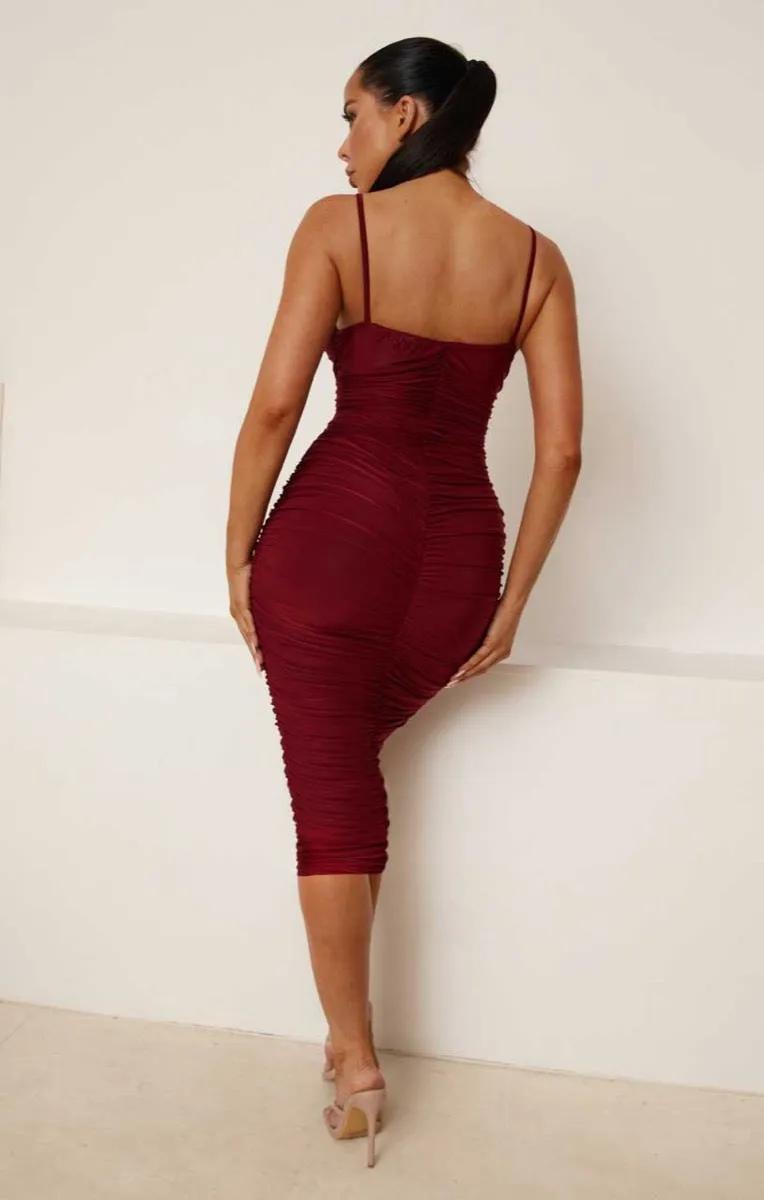 Wine Slinky Ruched Thin Strap Midi Dress - Vienna sold by Femme Luxe product image thumbnail 2