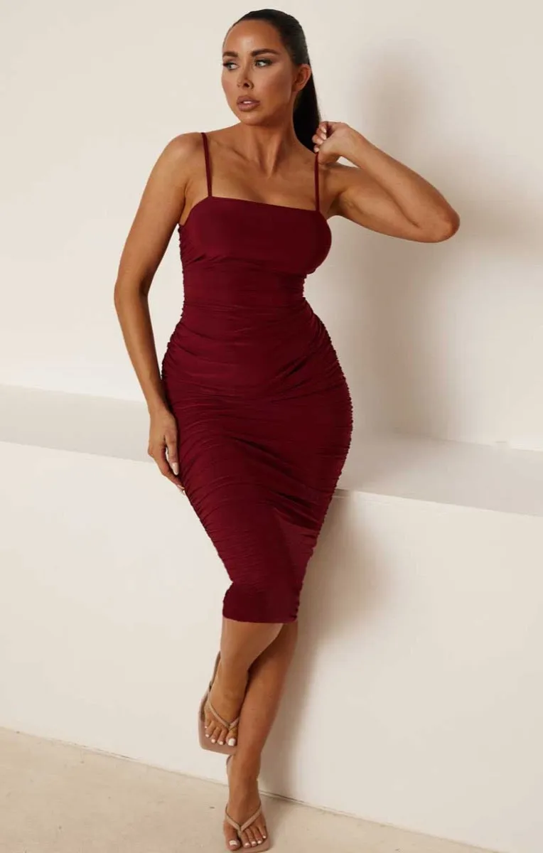 Wine Slinky Ruched Thin Strap Midi Dress - Vienna sold by Femme Luxe