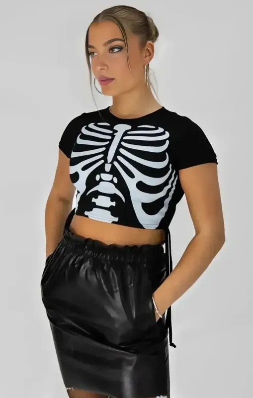 Black Skeleton Print Crop Top-Azira sold by Femme Luxe