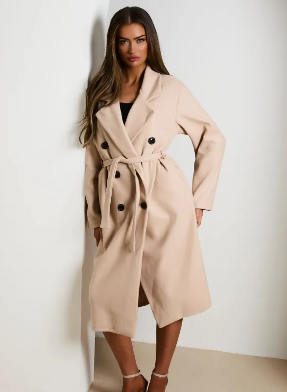 Stone Double Breasted Black Button Detail Belted Trench Coat - Eliana sold by Femme Luxe
