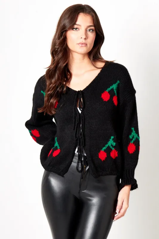 Black Cherry Print Knit Tie Front Cardigan- Misha sold by Femme Luxe