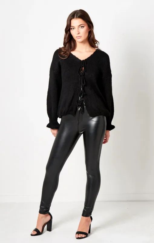 Black Knitted Cardigan With Tie Front- Arta sold by Femme Luxe