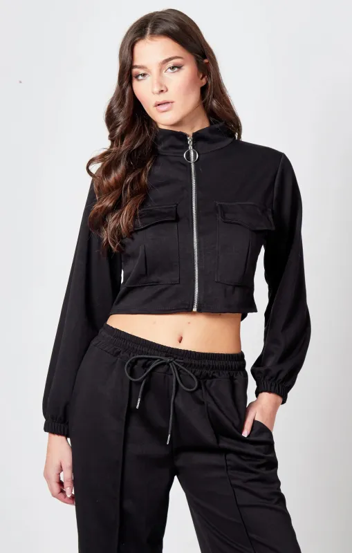 Black Bomber Jacket Straight Leg Jogger Loungewear Set - Tina sold by Femme Luxe