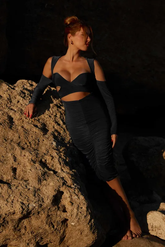 Black Long Sleeve Cut Out Midi Dress - Maria sold by Femme Luxe