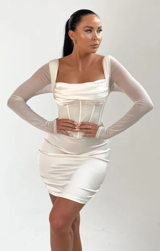 Cream Long Sleeve Corset Bodycon Mini Dress - Nyasia sold by Femme Luxe