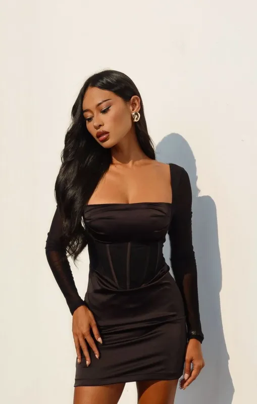 Black Long Sleeve Corset Bodycon Mini Dress - Nyasia sold by Femme Luxe