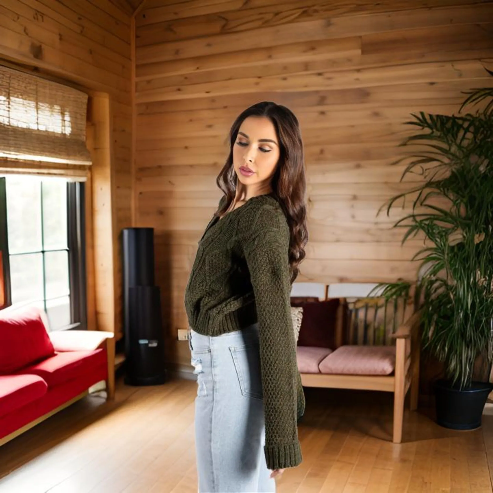 Khaki Button Front Cable Knit Long Sleeve Cropped Cardigan - Kinsley sold by Femme Luxe product image thumbnail 3