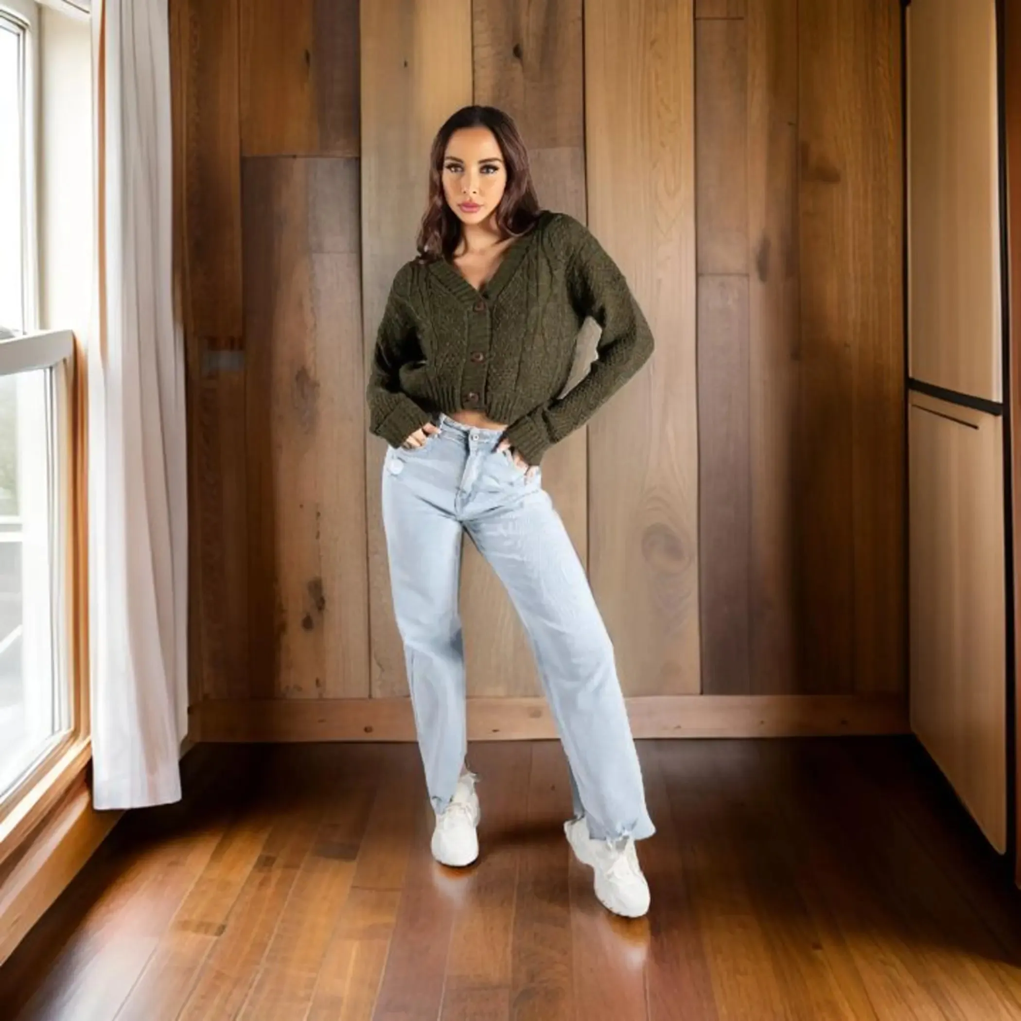 Khaki Button Front Cable Knit Long Sleeve Cropped Cardigan - Kinsley sold by Femme Luxe product image thumbnail 2