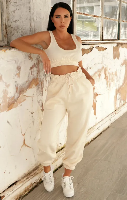 Cream Oversized Sleeveless Crop Top & Drawstring Waist Joggers Co-ord - Alisha sold by Femme Luxe