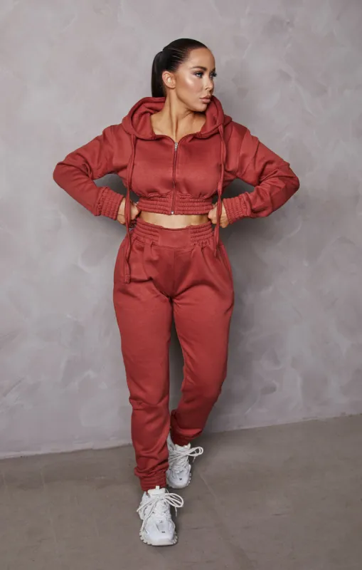 Rust Cropped Zip Front Elasticated Hem Hoodie And High Waisted Jogger Loungewear Set - Addisyn sold by Femme Luxe