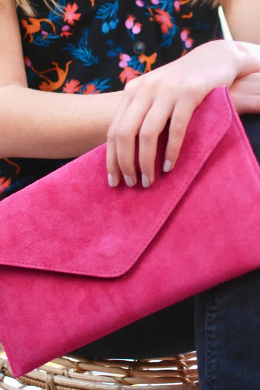 Hot Pink Suede Envelope Luxe Clutch Bag - Laura sold by Femme Luxe