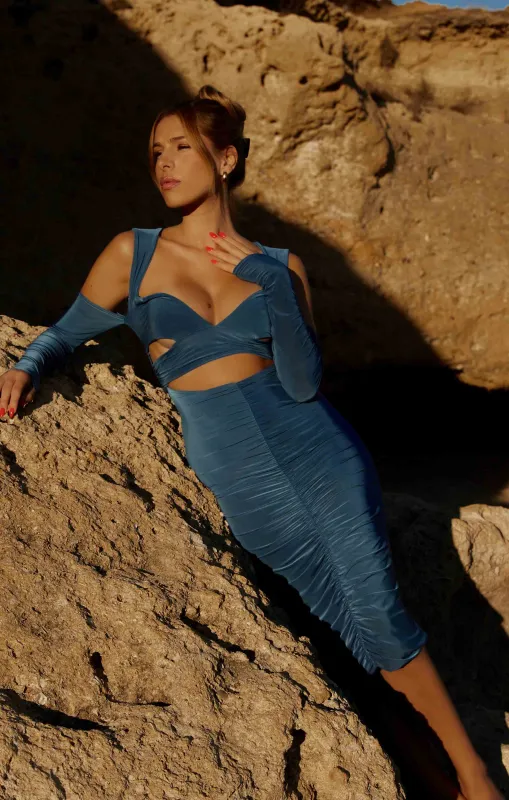 Blue Long Sleeve Cut Out Midi Dress - Maria sold by Femme Luxe