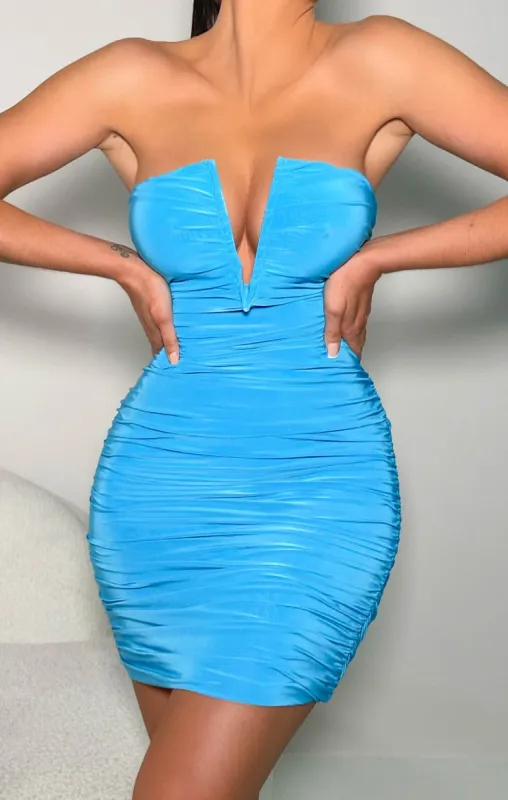 Blue V Neck Ruched Bodycon Mini Dress - Kori sold by Femme Luxe