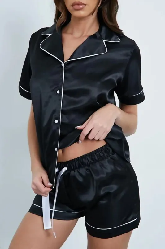 Piped Satin Shorts Pyjama Set - Crystal sold by Femme Luxe