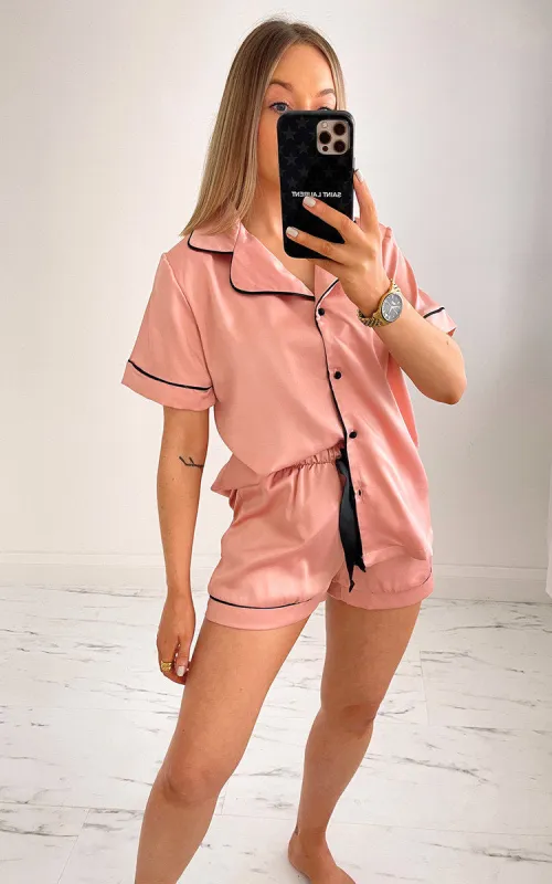 Rose Piped Satin Shorts Pyjama Set - Crystal sold by Femme Luxe