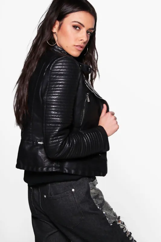 Black Quilted Sleeve Faux Leather Biker Jacket - Pearl sold by Femme Luxe