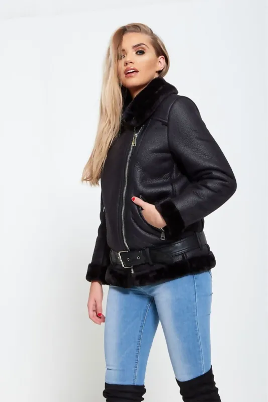 Black Luxury Plush Faux Fur Oversized Aviator Jacket - Skylar sold by Femme Luxe