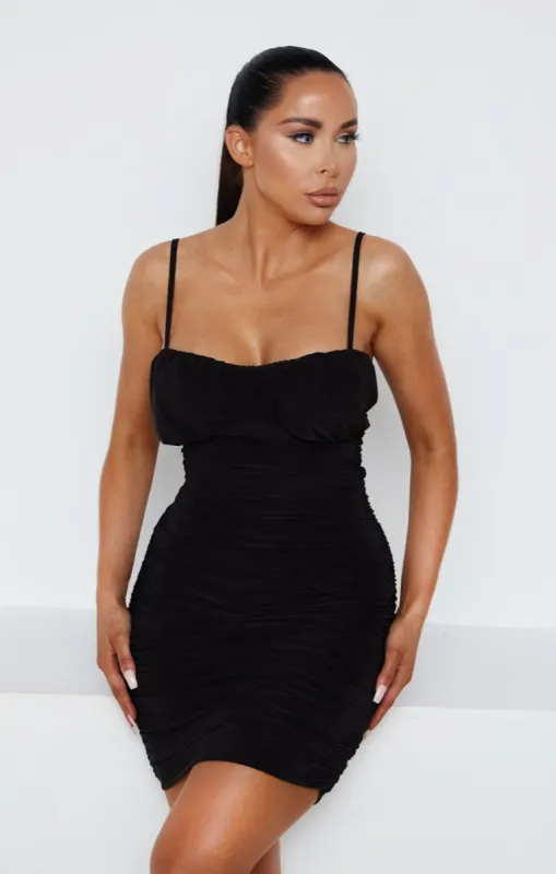 Black Slinky Ruched Bust Detail Strappy Bodycon Mini Dress - Keyla sold by Femme Luxe