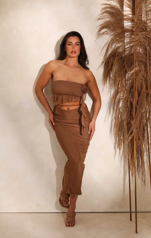 Mocha Brown Rose Cut Out Frill Midi Dress - Reine sold by Femme Luxe