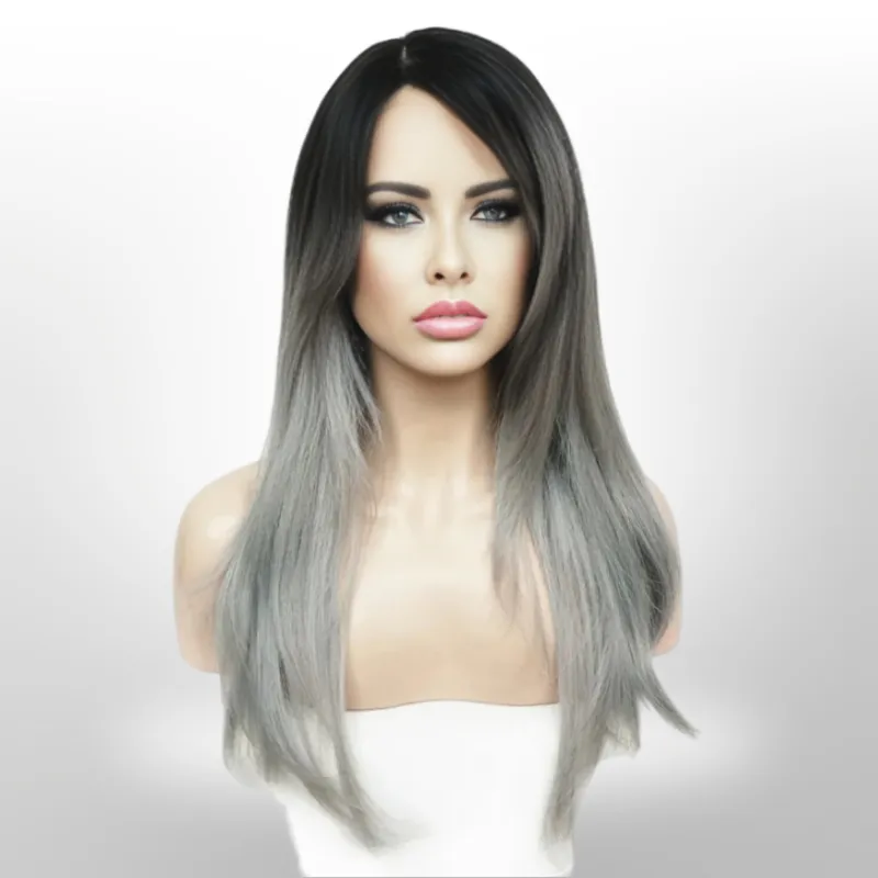 BLACK AND SILVER Mix Long Straight Hair Synthetic  LACE FRONT WIG- Tulip made by Femme Luxe