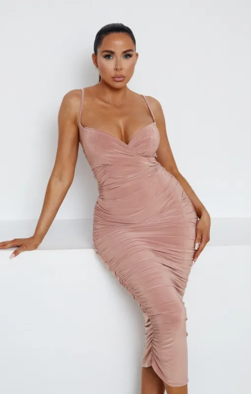 Rose Slinky Ruched Wrap Strappy Bodycon Midi Dress - Pia sold by Femme Luxe