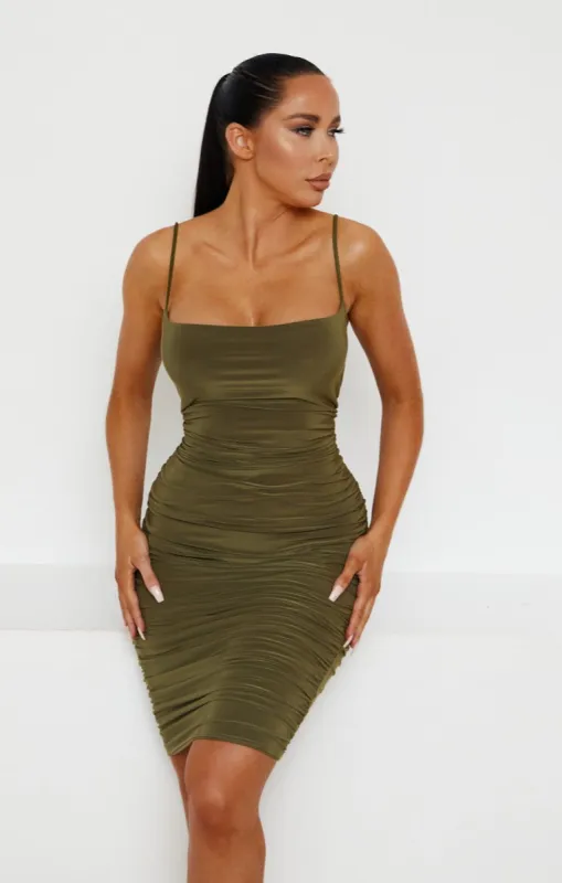 Olive Slinky Ruched Strappy Bodycon Mini Dress - Yaretzi sold by Femme Luxe