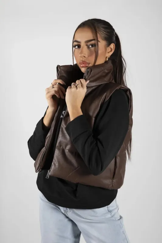 Brown Padded Faux Leather Zip Up Crop Gilet - Tia sold by Femme Luxe