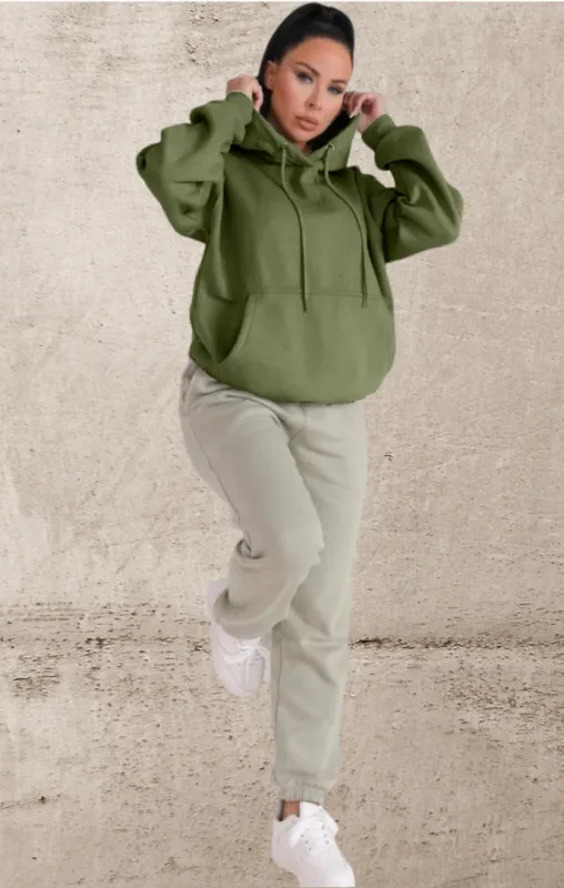 Khaki Oversized Drawstring Pocket Casual Hoodie - Ella sold by Femme Luxe