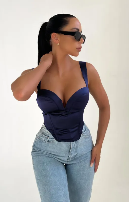Navy Satin Cup Detail Sweetheart Corset Top - Maci sold by Femme Luxe