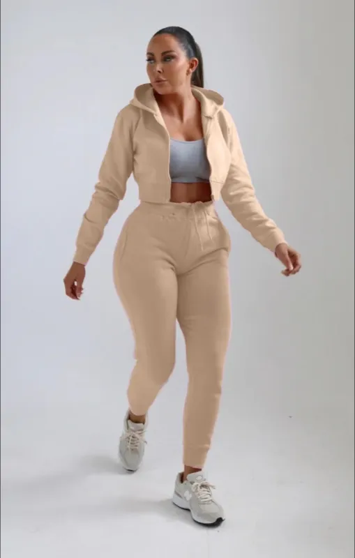 Beige Zip Up Crop Hoodie & Joggers Loungewear Set - Nell made by Femme Luxe