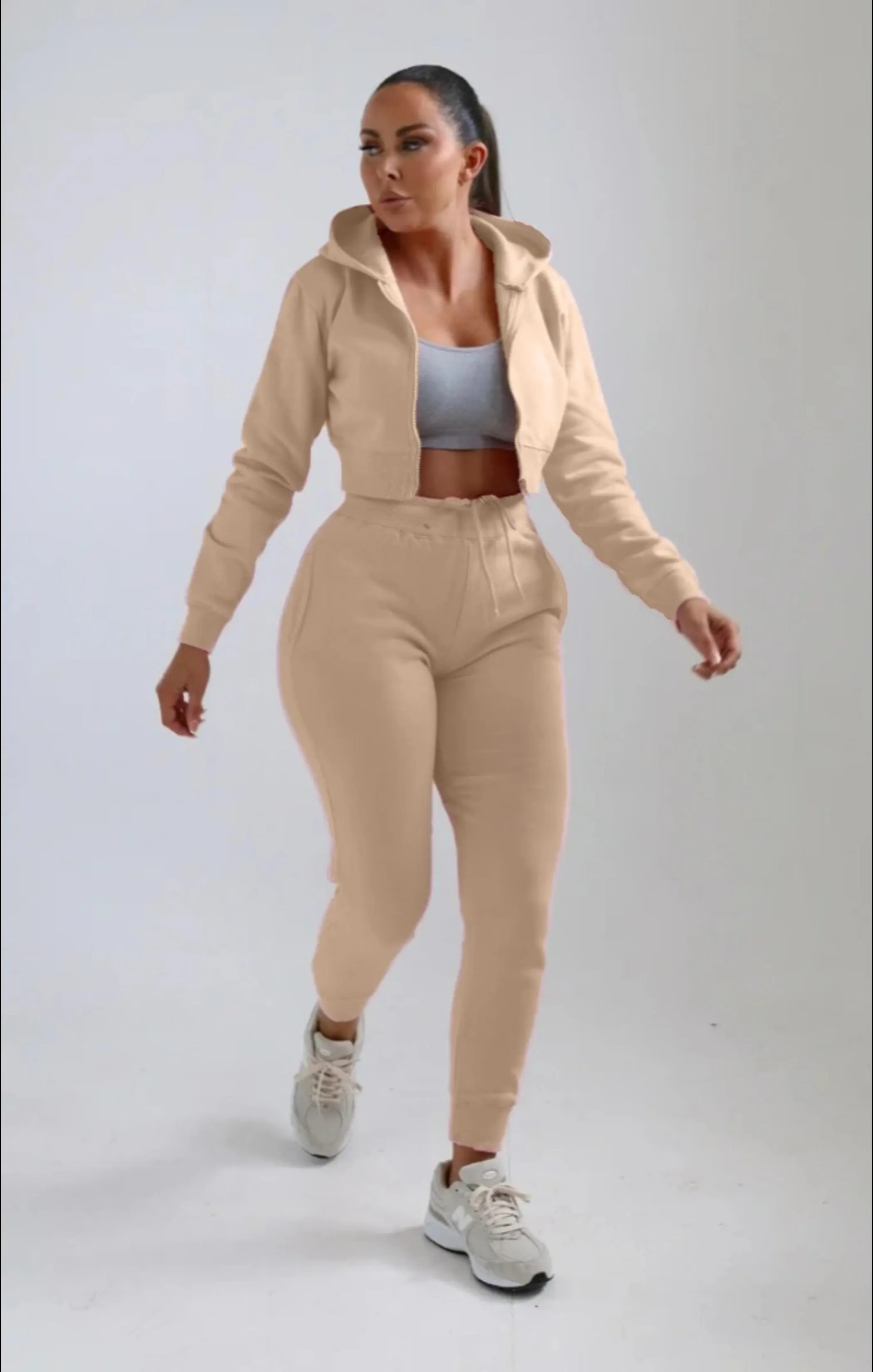 Beige Zip Up Crop Hoodie & Joggers Loungewear Set - Nell sold by Femme Luxe product image thumbnail 3