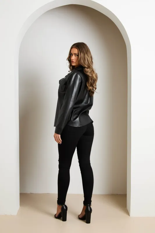 Black PU Long Sleeve Pocket Detail Curved Hem - Audrey sold by Femme Luxe