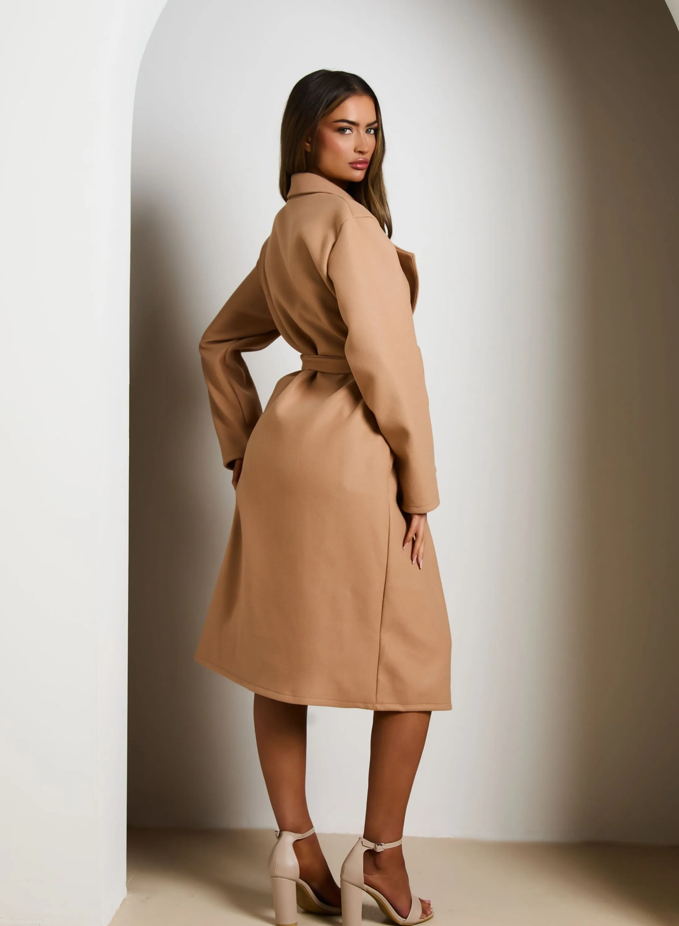 Mocha Double Breasted Black Button Detail Belted Trench Coat - Eliana sold by Femme Luxe product image thumbnail 4