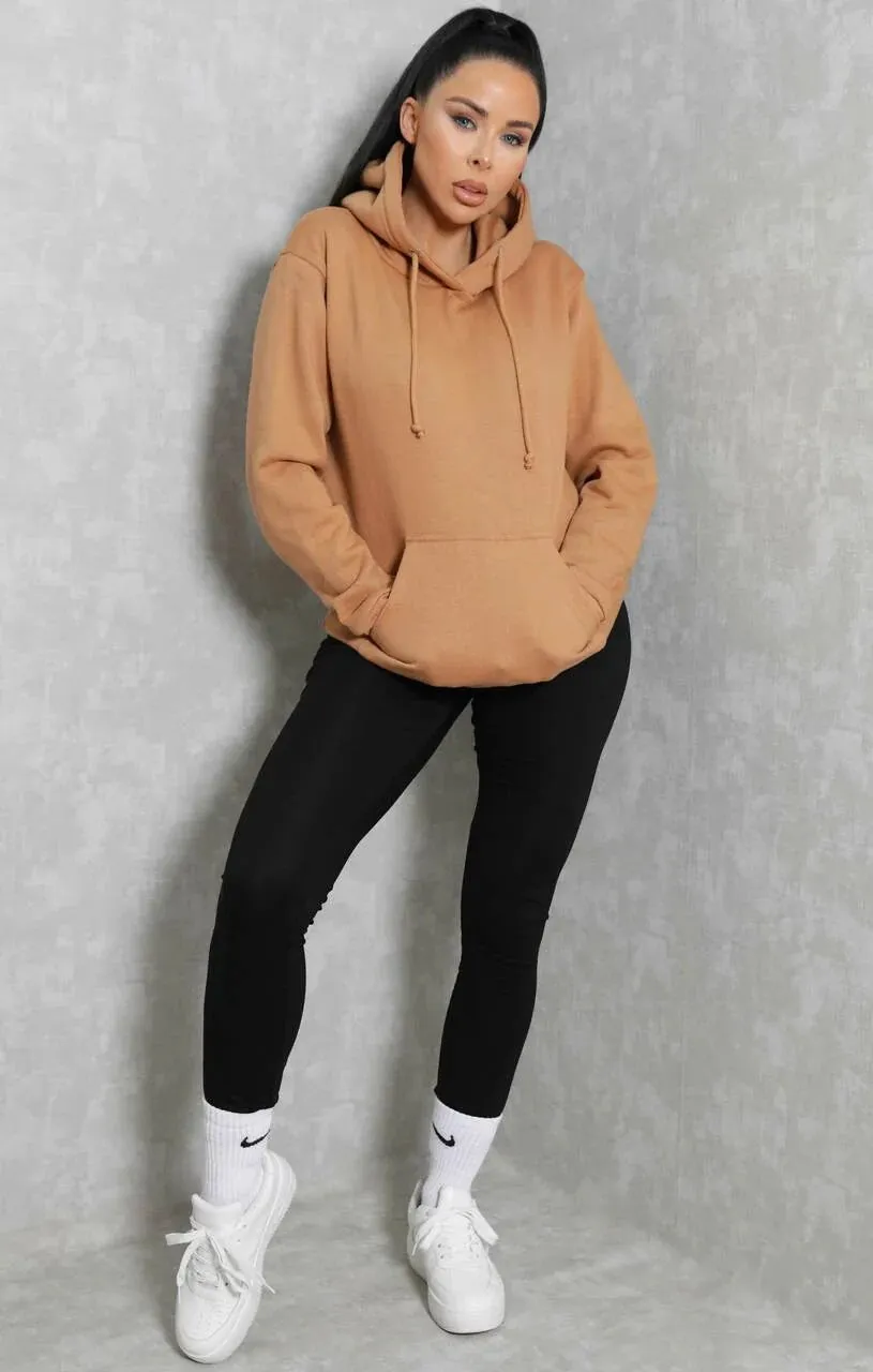 Camel OVERSIZED LONG SLEEVE FRONT POCKET DRAWSTRING FLEECE HOODIE - STELLA sold by Femme Luxe