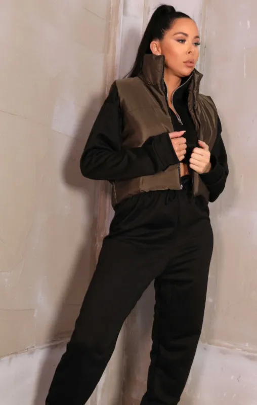 Khaki High Neck Sleeveless Zip Up Cropped Puffer Gilet - Brea sold by Femme Luxe