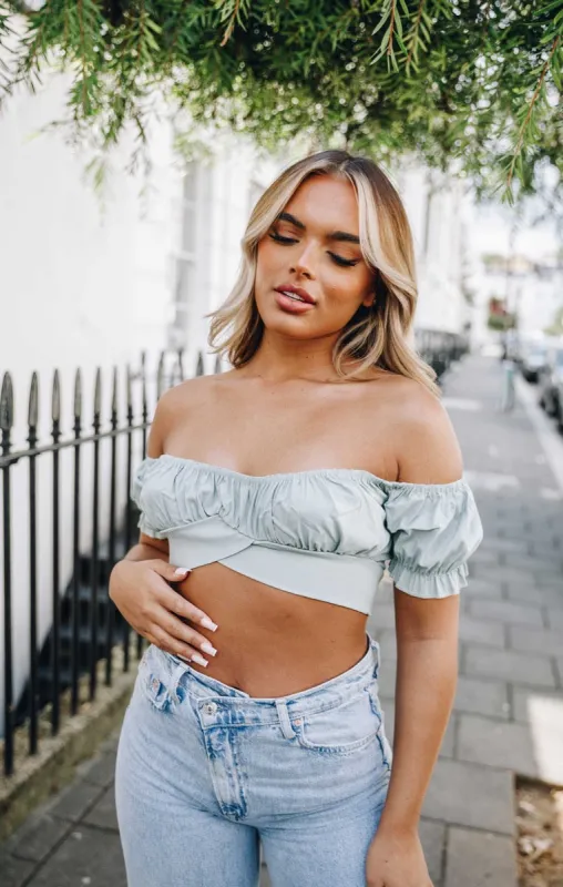 Sage Off The Shoulder Bardot Puff Sleeve Ruched Crop Top - Amory sold by Femme Luxe