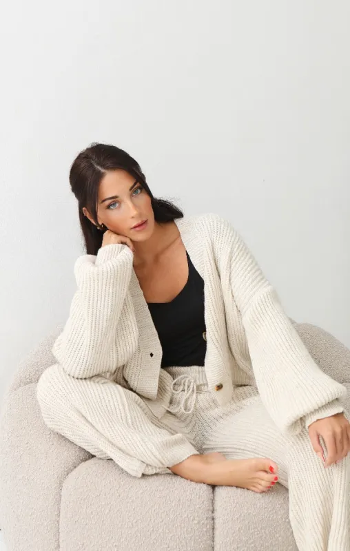 Cream Button Through Relaxed Fit Knitted Loungewear Set - Olivia sold by Femme Luxe