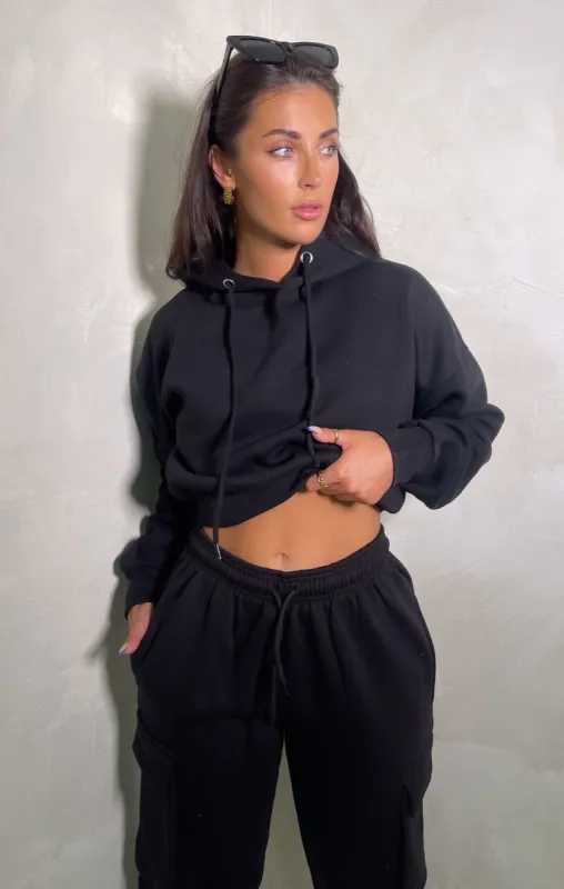 Black Oversized Drawstring Crop Hoodie - Oyska sold by Femme Luxe