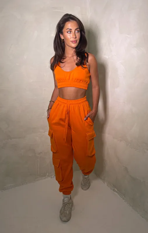 Orange Sleeveless Crop Top & Oversized Drawstring Waist Utility Pocket Joggers Co-ord - Hailey sold by Femme Luxe