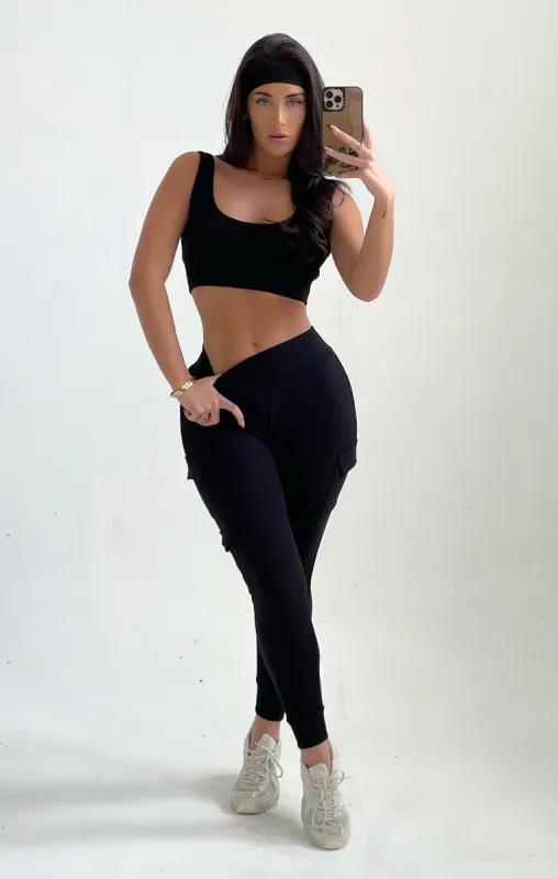 Black Ribbed Sleeveless Crop Top & Cargo Leggings Two Piece Set - Orla sold by Femme Luxe
