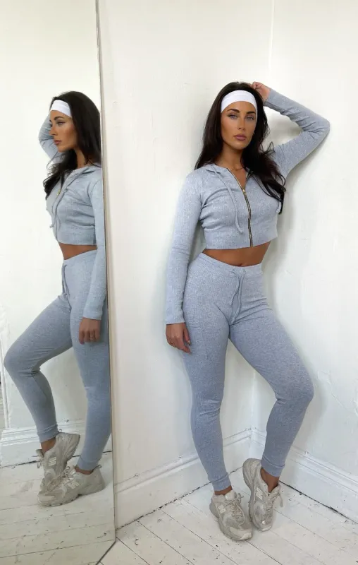 Grey Marl Ribbed Zip Front Hoodie & Joggers Two Piece Set - Callie sold by Femme Luxe